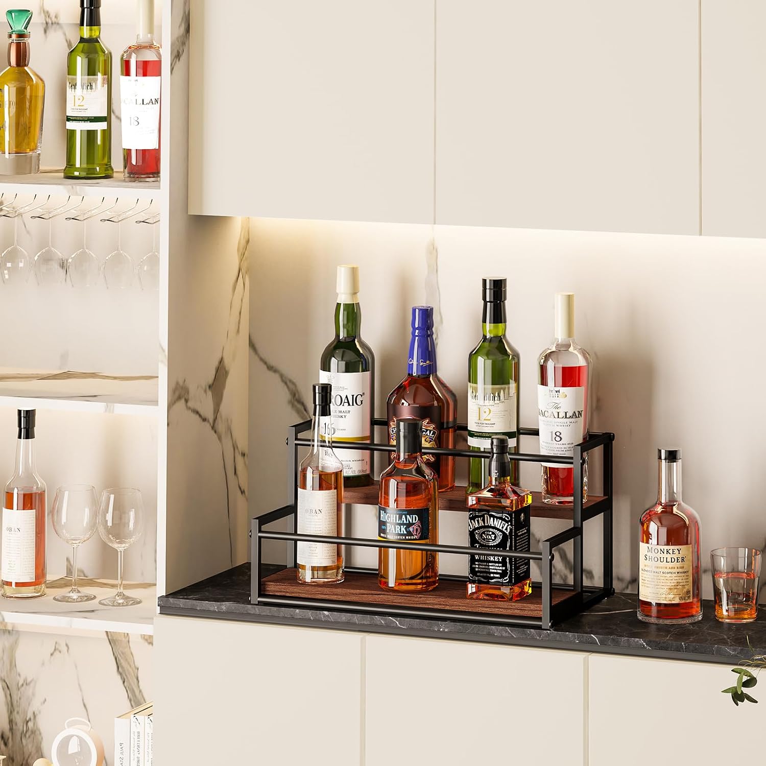 Thygiftree Liquor Bottle Display Shelf, 2 Tier Coffee Syrup Rack Organizer & Bar Shelf Stand For Liquor, Whiskey, Olive Oil, Kitchen Counter & Home Bar Storage