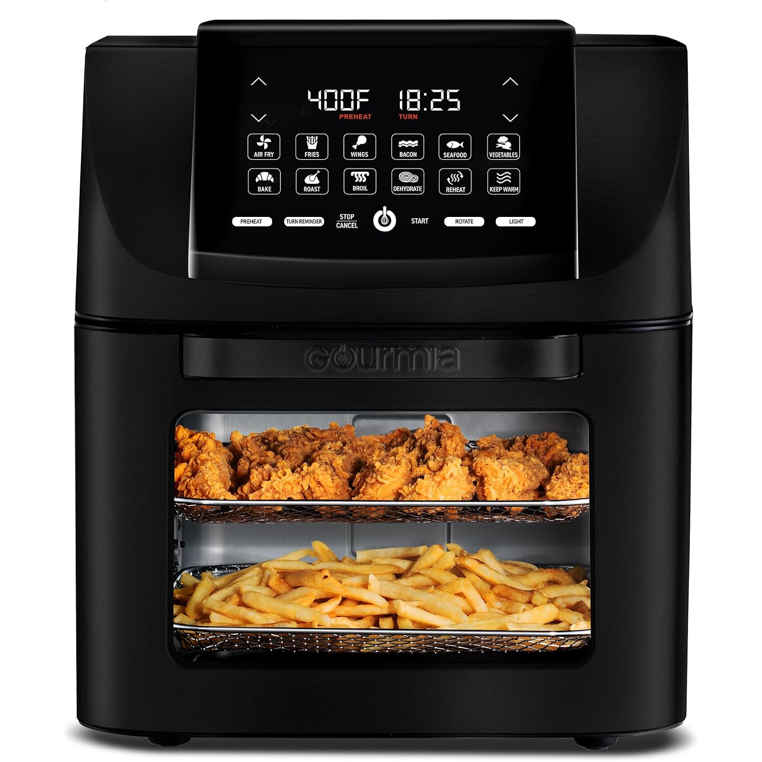 Gourmia Air Fryer - 14 Qt All-In-One Oven With Rotisserie, Digital Display With 12 Presets, Roast, Bake, Broil, Dehydrate, Dishwasher Safe Accessories, Black