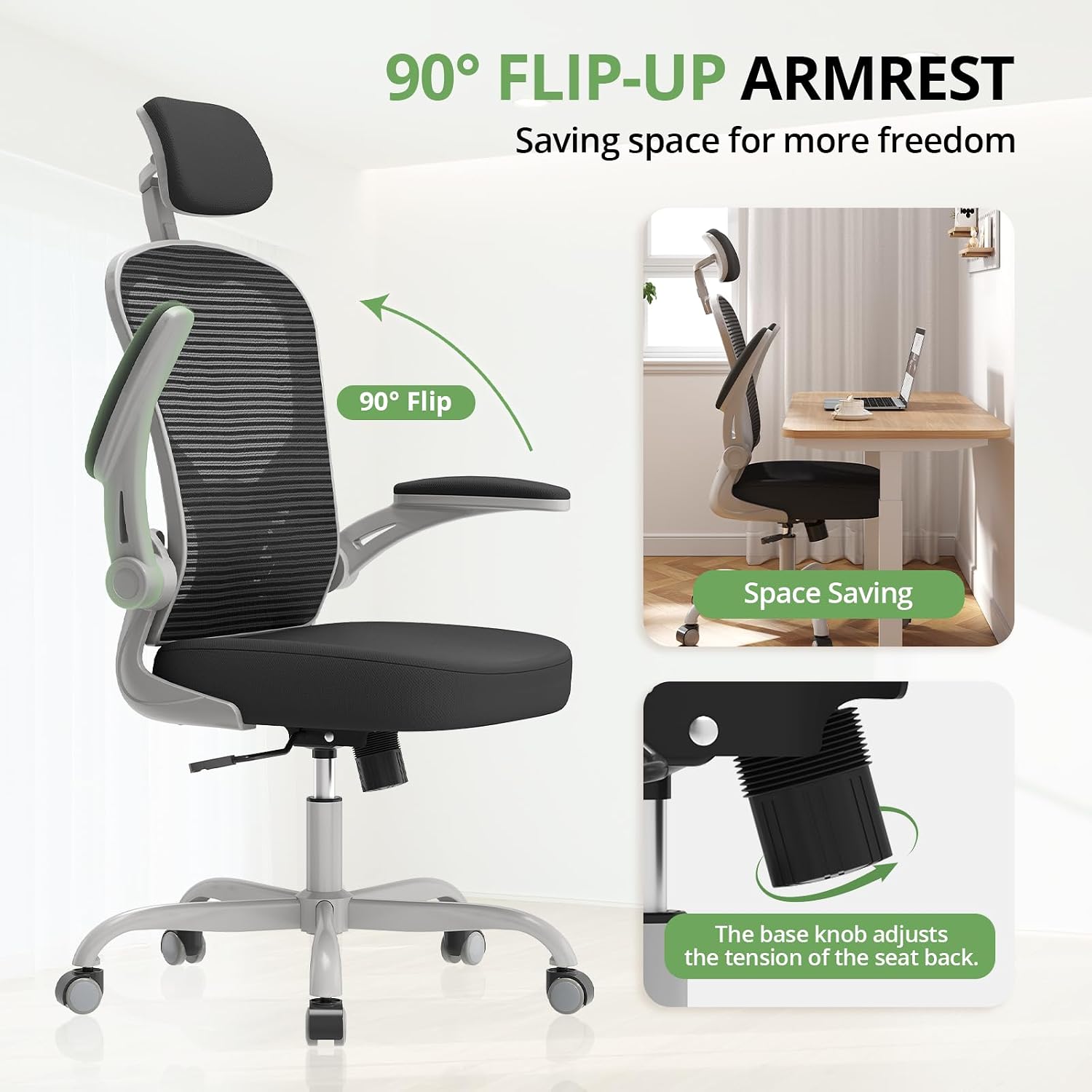 Office Chair Ergonomic Desk Chair, 330Lbs Capacity, High Back Computer Chair For Long Hours Comfortable, Rolling Swivel Executive Task Chair For Home Office With Flip-Up Armrests, Black
