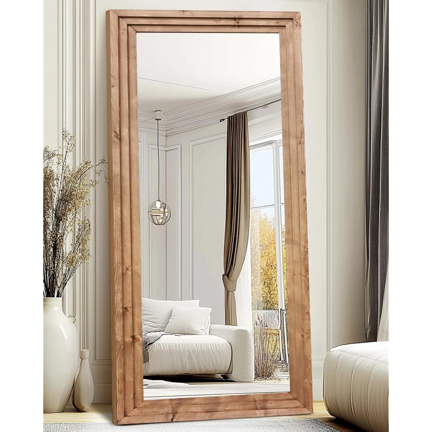 Full Length Mirror 76"X34" Solid Wood Frame Floor Large Mirror For Living Room, Bedroom Hanging Or Leaning Wall-Mounted, Light Brown