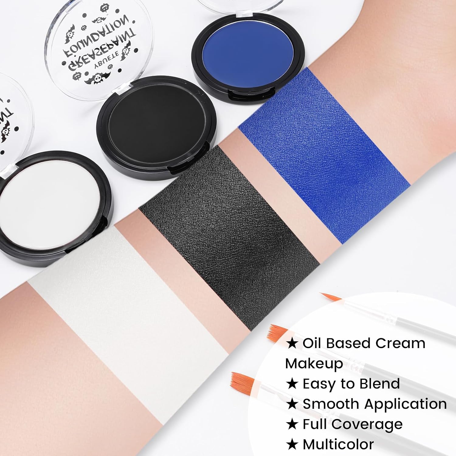 Ybuete Blue Black White Oil Based Face Paint Kit With Painting Brushes, Professional Full Coverage Greasepaint For Adults Halloween Cosplay Sfx Avatar Mermaid Makeup Stage Theater