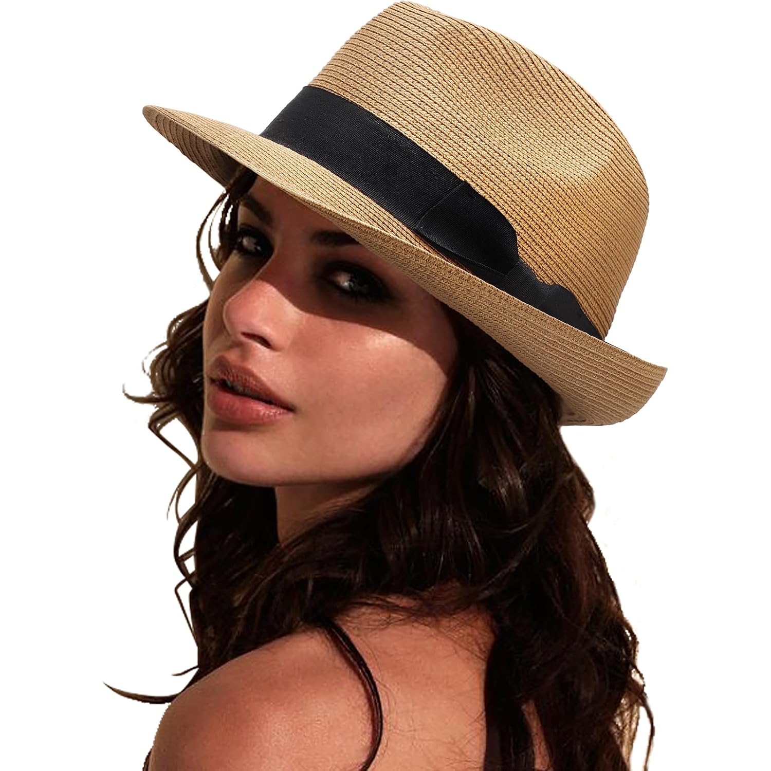 Dreshow Women Straw Sun Hat Short Brim Panama Travel Fedora Beach Cap Roll Up Summer Hat For Women Men Upf 50+