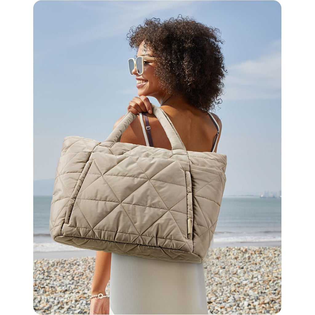 BAGSMART Tote Bag for Women, Puffer Tote Bag with Zipper, Large Quilted Shoulder Bag with Compartments for Travel, Work, Gym