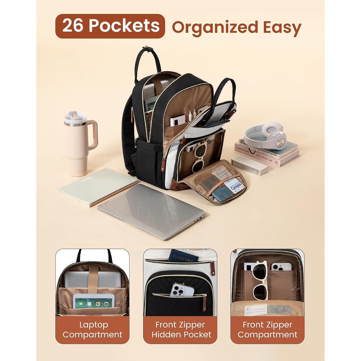 Lovevook Laptop Backpack Women With Giant Tumbler Holder,15.6 Inch Waterproof Work Travel Backpack Computer Laptop Bag,Cute College Nurse Teacher Backpack Purse,Gifts For Women & Men,Beige-Black-Brown