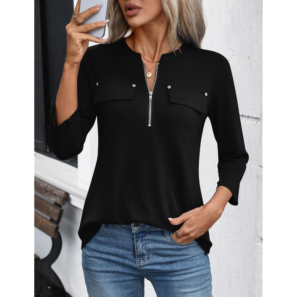 LOMON 3/4 Length Sleeve Womens Tops Business Casual Zip Front V Neck Shirt Loose Fit Work Tunic Blouse