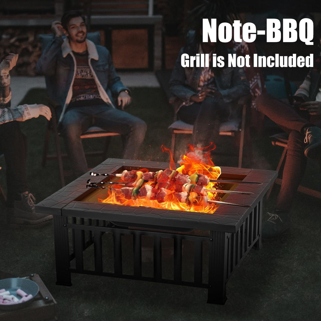 Econook 32 Inch Fire Pit, Square Outdoor Fire Pit Table With Spark Screen & Fire Poker, 3-In-1 Multipurpose Firepits For Outside, Fireplace For Yard, Garden, Patio