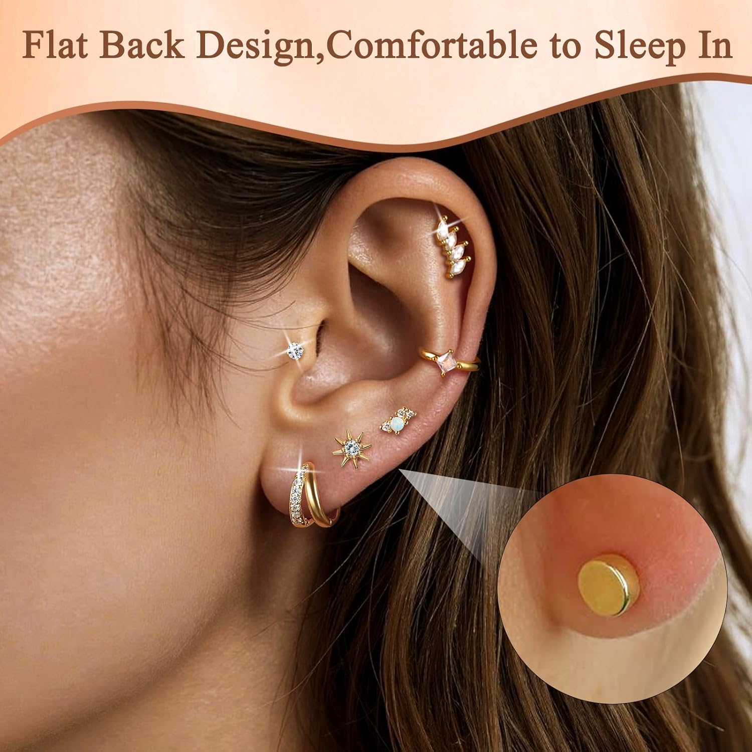 Gold Flat Back Earrings Stacks Hypoallergenic Cartilage Earrings for Women,20G Lobe Tragus Helix Conch Piercing Jewelry,Dainty 14K Gold Plated Stud Hoop Earring Set