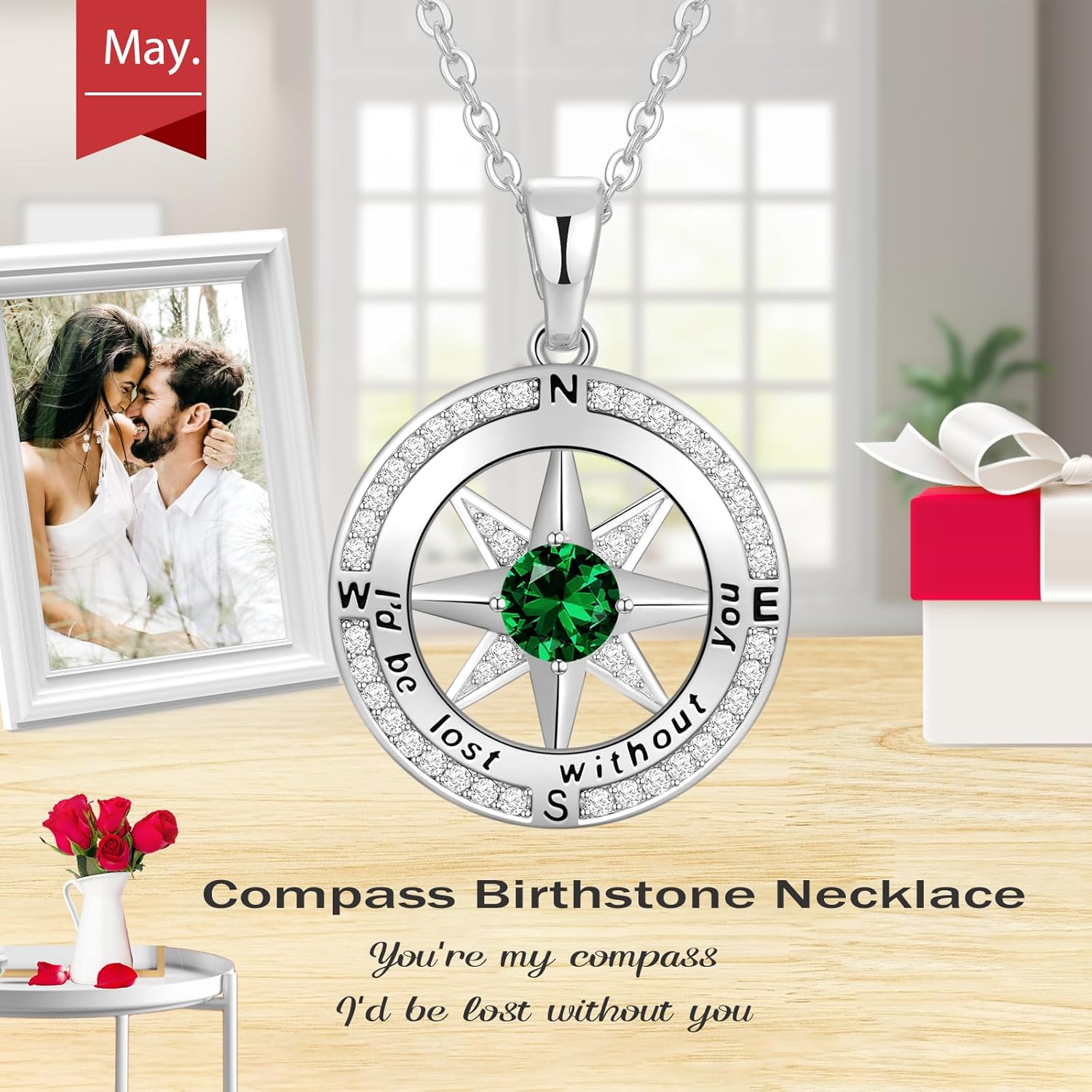 Peeshow Compass Birthstone Necklace for Women Wife, S925 Sterling Silver Gift for Wife Wedding Anniversary Birthday Gifts for Women Jewelry for Her Girlfriend I'd be Lost without You