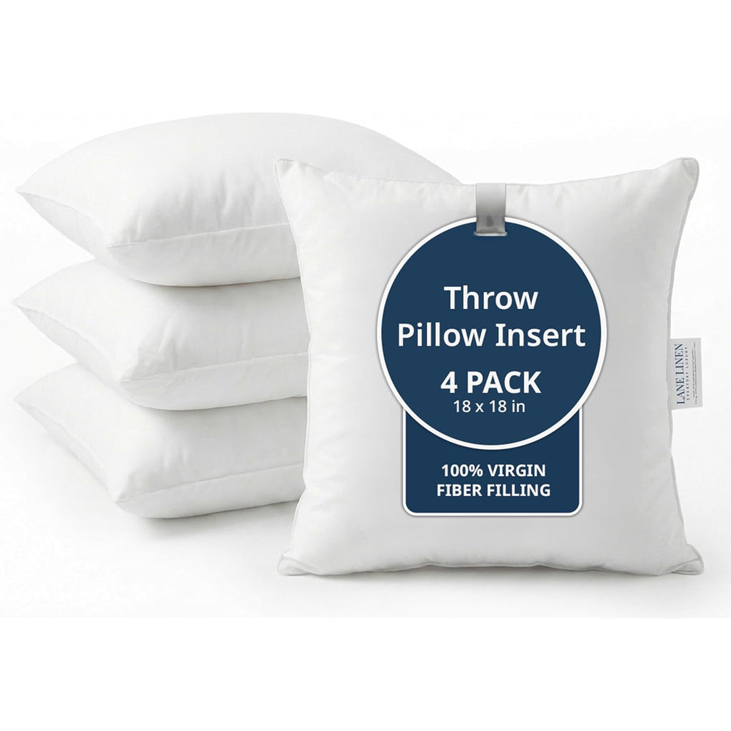 Lane Linen 4 Pack 18X18 White Throw Pillow Inserts For Decorative Pillow Covers, Couch Pillows For Living Room, Fluffy Pillows For Bed