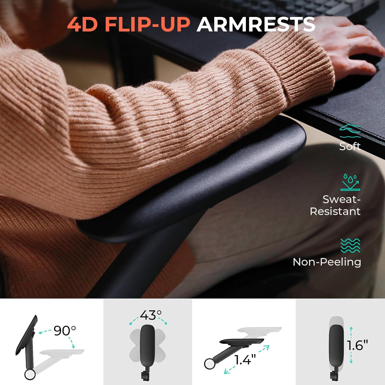 Ergonomic Mesh Office Chair, Adjustable Lumbar High Back Desk Chair 400Lbs, 4D Flip-Up Arms, 3-Level Tilt Backrest, 3D Headrest, Pu Wheels, Swivel Rolling Computer Seating For Long Desk Work