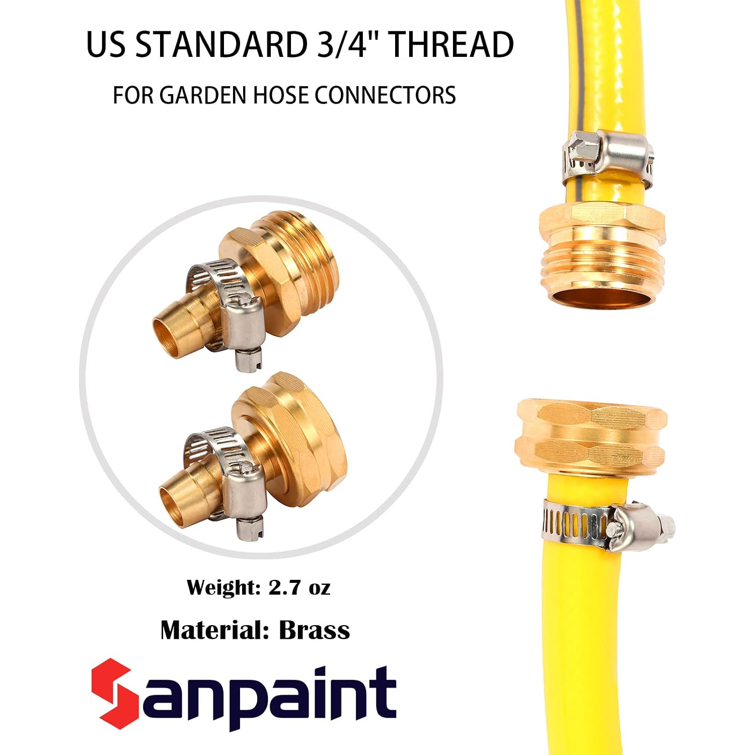 Brass Garden Hose Connector Repair Mender Kit, Fits 1/2" Water Hose Fitting | 1 Set, 1/2" Barb X 3/4" Ght, With Stainless Clamp