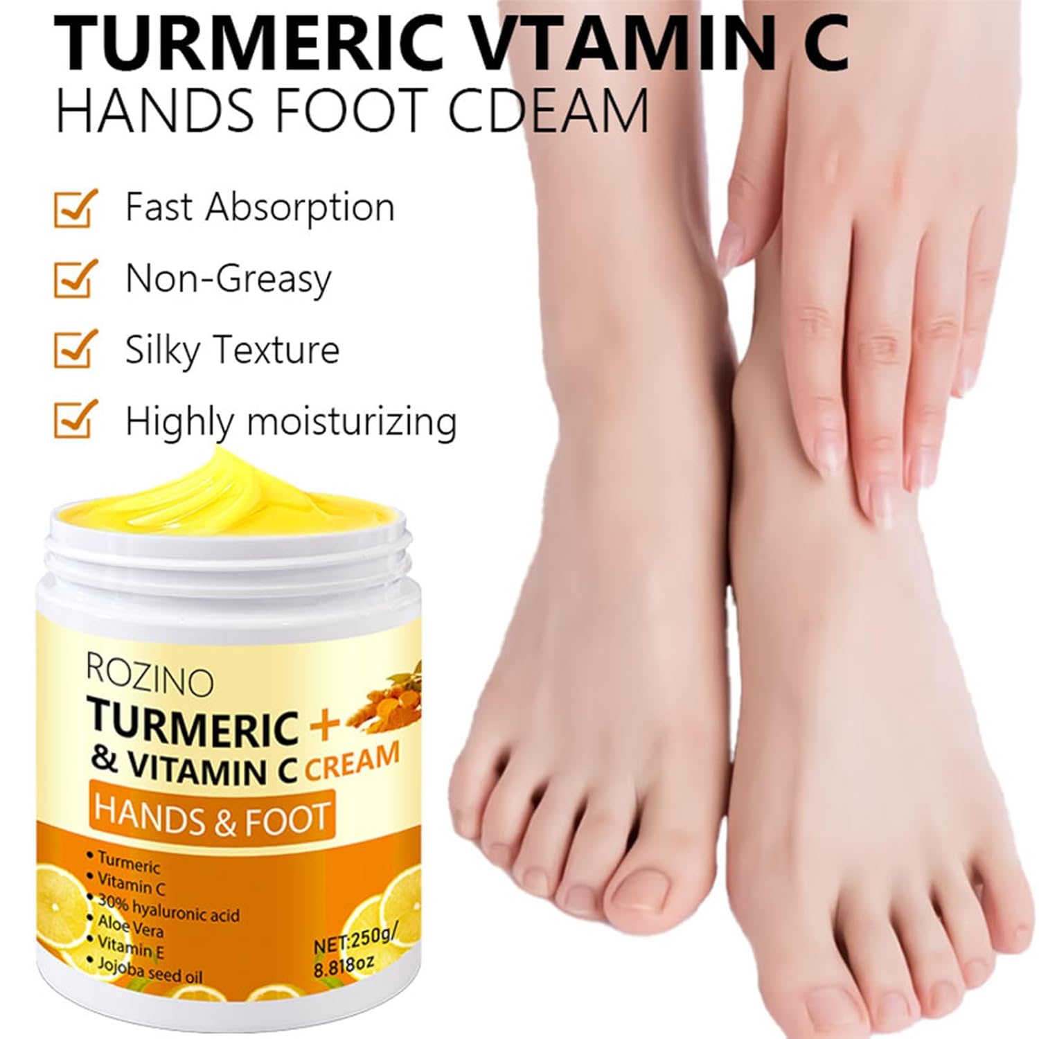 Turmeric & Vitamin C Hand and Foot Cream – Moisturizing Treatment for Dry, Rough Skin – Fast Absorbing, Non-Greasy Formula – Hydrates & Soothes Cracked Heels & Hands (8.8OZ)