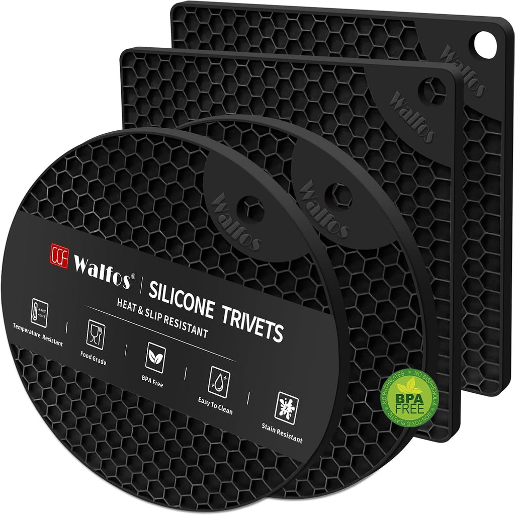 Walfos Silicone Trivet Mats - 4 Heat Resistant Pot Holders, Multipurpose Non-Slip Hot Pads For Kitchen Potholders, Hot Dishers, Jar Opener, Spoon Holder, Food Grade Silicone & Bpa Free (Black)