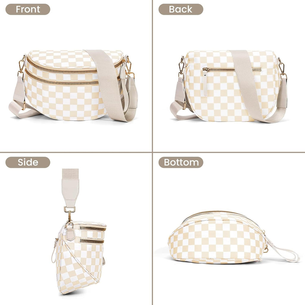 hibear Checkered Crossbody Bag Spacious Bum Bags for Women Nylon Crossbody Fanny Packs Checkered Purse Belt Wallet
