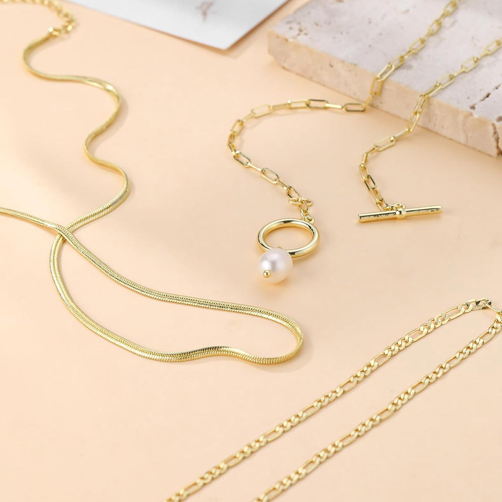 Layered Gold Necklaces for Women, Dainty 14K Gold Plated Cute Pearl Pendant Necklace Jewelry Set Stackable Toggle Chain Choker Collar, Trendy Waterproof Non Tarnish Jewelry Gift