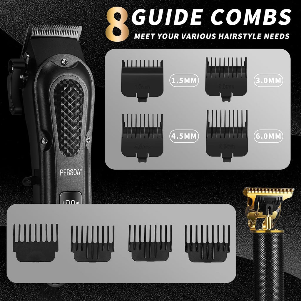 Pebsoa® Professional Men'S Hair Trimmer Set, Cordless Hair Clippers For Men, Includes A T-Shaped Trimmer And A Nose Hair Trimmer,Lcd Battery Level Display（Black）