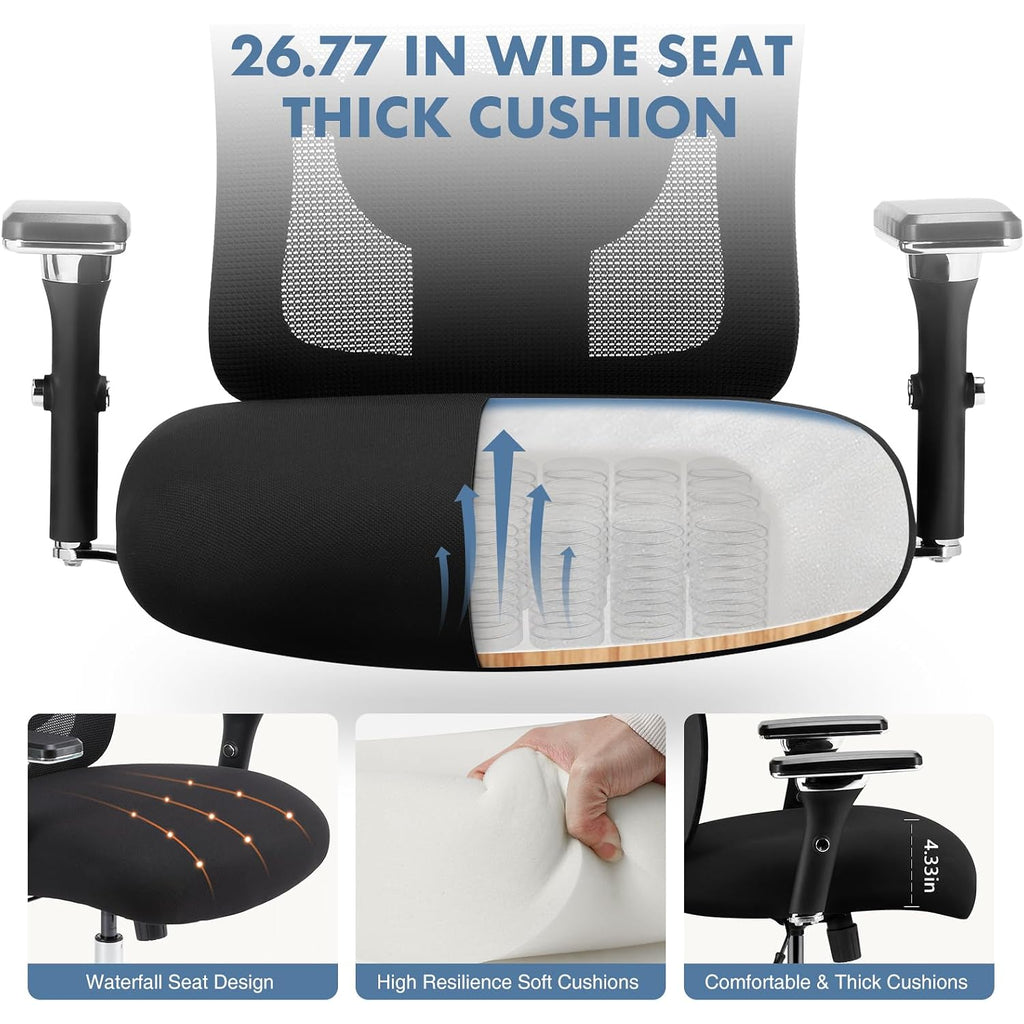 Dumos Big And Tall Office Desk Chair With Lumbar Support, 500Lbs Heavy Duty Mesh Ergonomic Computer Chair With 4D Armrest And Wide Comfy Seat, Swivel Wheels For Adult, Black