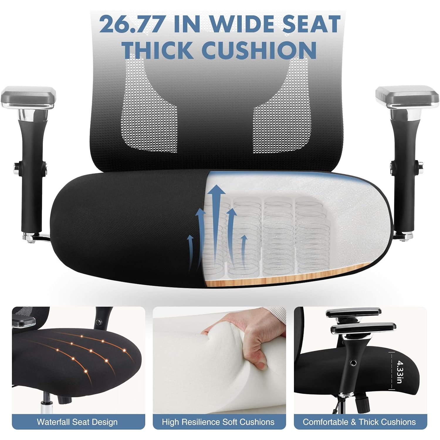 Dumos Big And Tall Office Desk Chair With Lumbar Support, 500Lbs Heavy Duty Mesh Ergonomic Computer Chair With 4D Armrest And Wide Comfy Seat, Swivel Wheels For Adult, Black