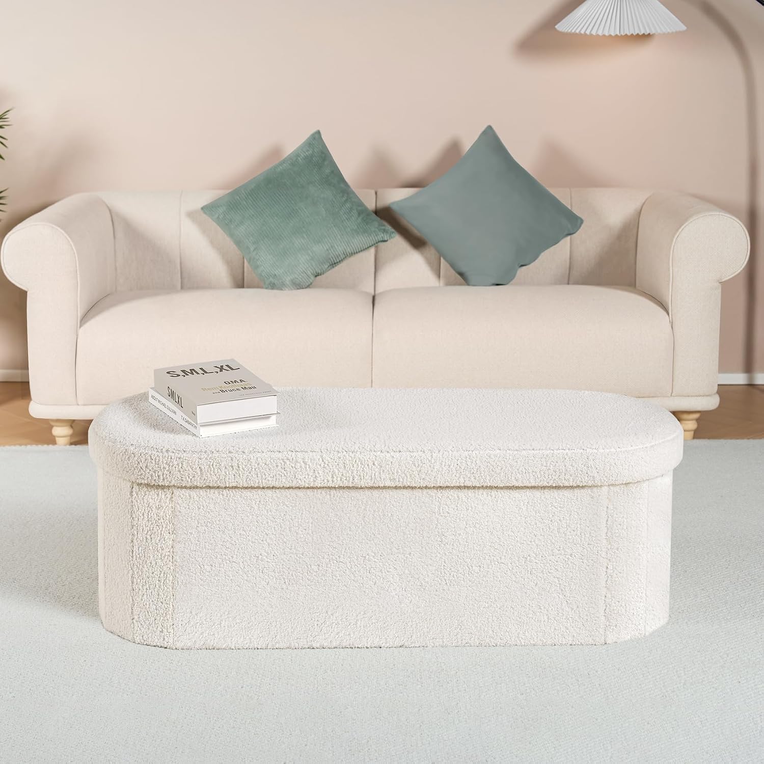 B Fsobeiialeo Ottoman With Storage For Living Room, Sherpa Folding Storage Ottoman Foot Rest, 43.3 Inches Collapsible Bedroom Bench White Cream