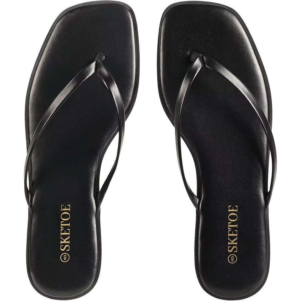 Women Square Toe Leather Flip Flops Lightweight Flat Thong Sandals Summer Vacation Dressy Comfort Slides