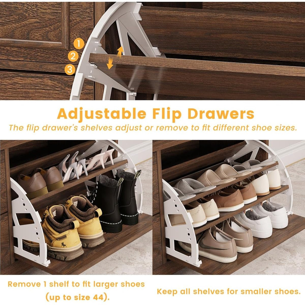 Bench With Shoe Storage For Entryway, Wooden Shoe Benches With Flip Door And Drawers, Entry Way Shoes Organizer Cabinet For Living Room Mudroom (Dark Walnut)