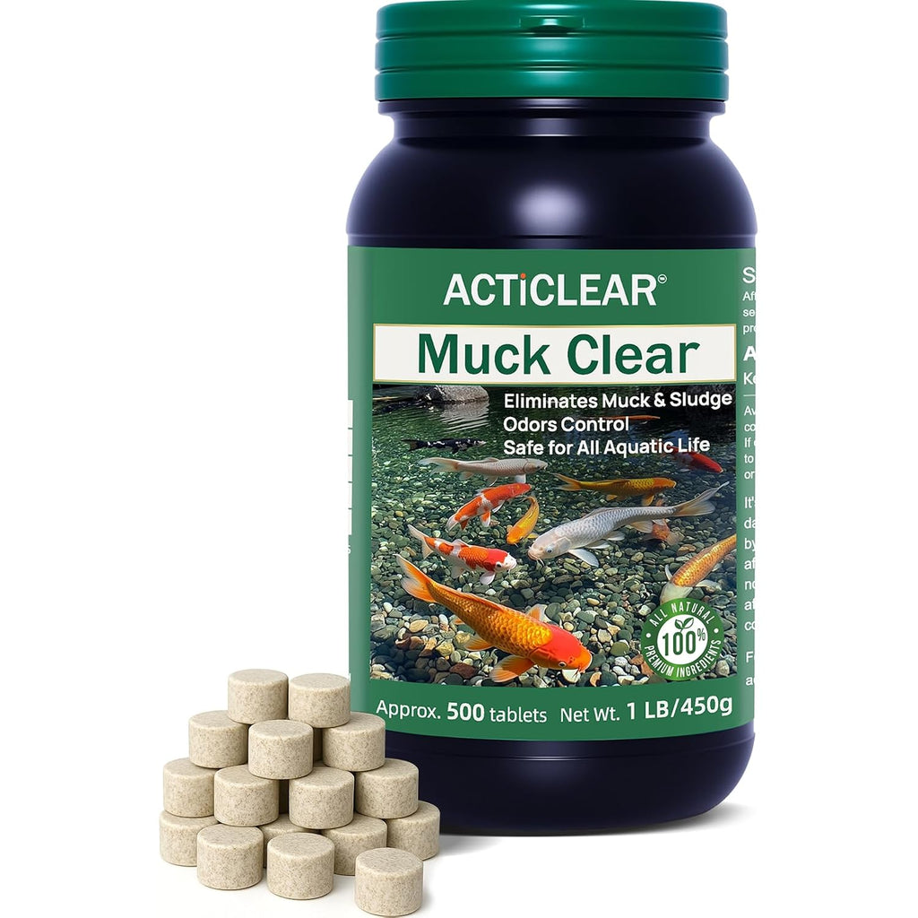 Muck Clear – Natural Pond Sludge Treatment, 500 Tablets For Ponds, Fountains & Bird Baths, Beneficial Bacteria & Enzymes, Chemical-Free & Safe For Fish, Pets & Wildlife