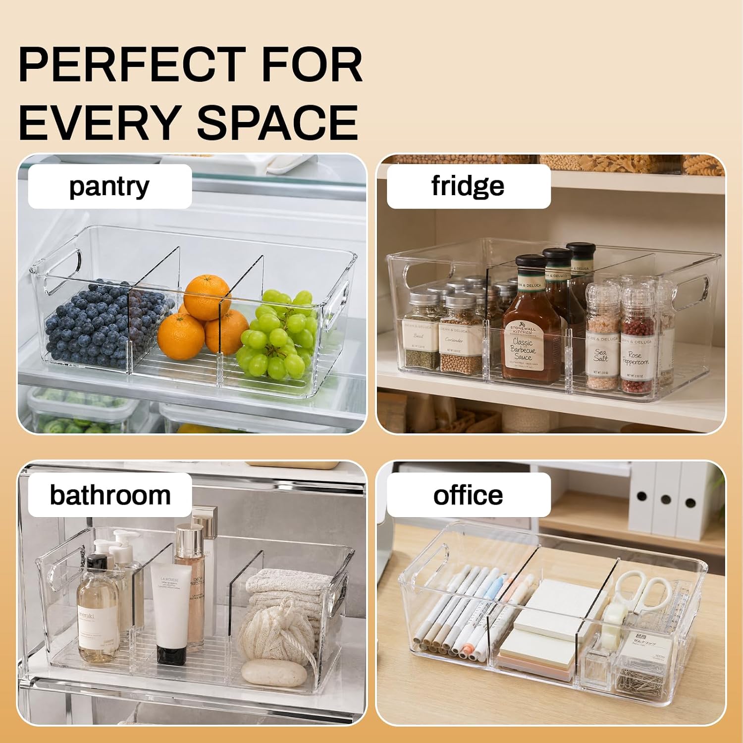 6 Pack Pantry Organizers And Storage,Clear Plastic Containers With 2 Dividers For Kitchen,Fridge Organization And Storage,Acrylic Bins For Pounches,Spice Packet,Snack Organzier