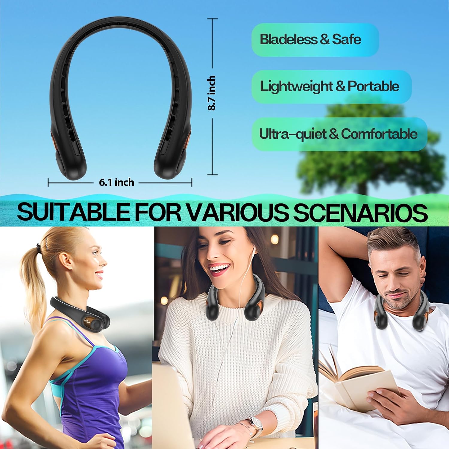Kidee Neck Fan, Portable Bladeless Neck Fans, Upgrade 360° Airflow, Super Quiet, 3 Speeds, 4000Mah Personal Wearable Neck Fan, Upgraded Cooling Air Volume Usb Rechargeable Hands Free Fan