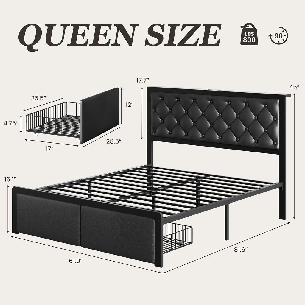 Queen Bed Frame With 2 Storage Drawers, Upholstered Headboard Button Tufted Bed Frame With Charging Station, No Box Spring Needed, Noise-Free, All Metal Structure, Black