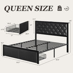 Queen Bed Frame With 2 Storage Drawers, Upholstered Headboard Button Tufted Bed Frame With Charging Station, No Box Spring Needed, Noise-Free, All Metal Structure, Black