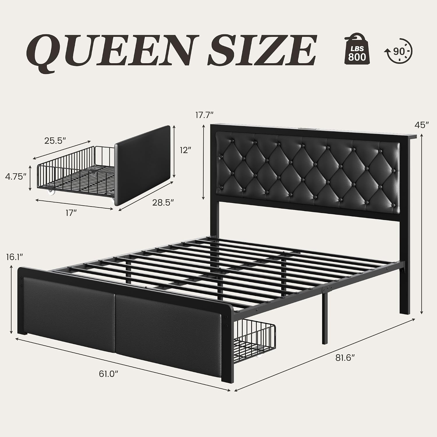 Queen Bed Frame With 2 Storage Drawers, Upholstered Headboard Button Tufted Bed Frame With Charging Station, No Box Spring Needed, Noise-Free, All Metal Structure, Black