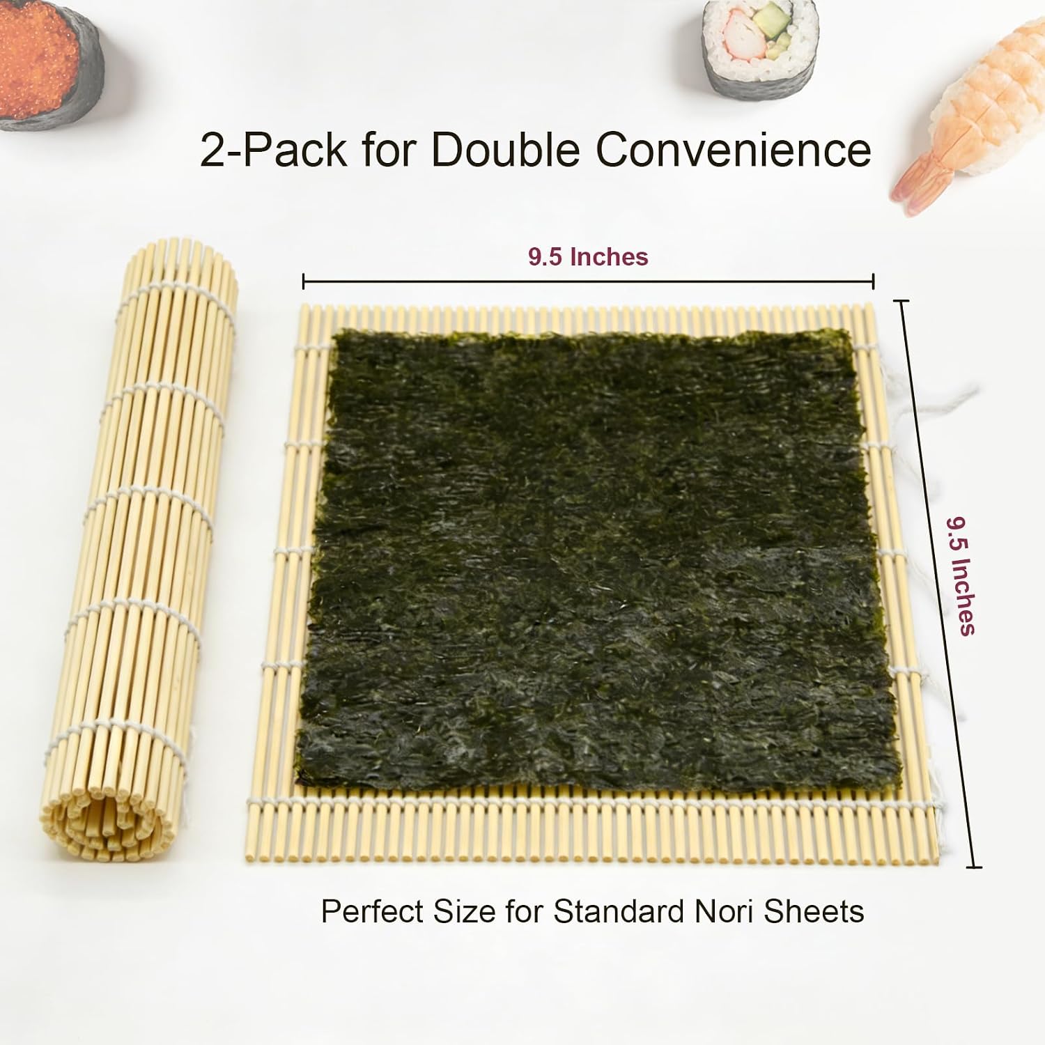 Syn-Zer Bamboo Sushi Mats 2-Pack, 9.5" Rolling Tool For Maki | Diy Sushi Making, Reusable Roller, Kitchen Tool, Hand Rolls, Maki, Sushi Prep