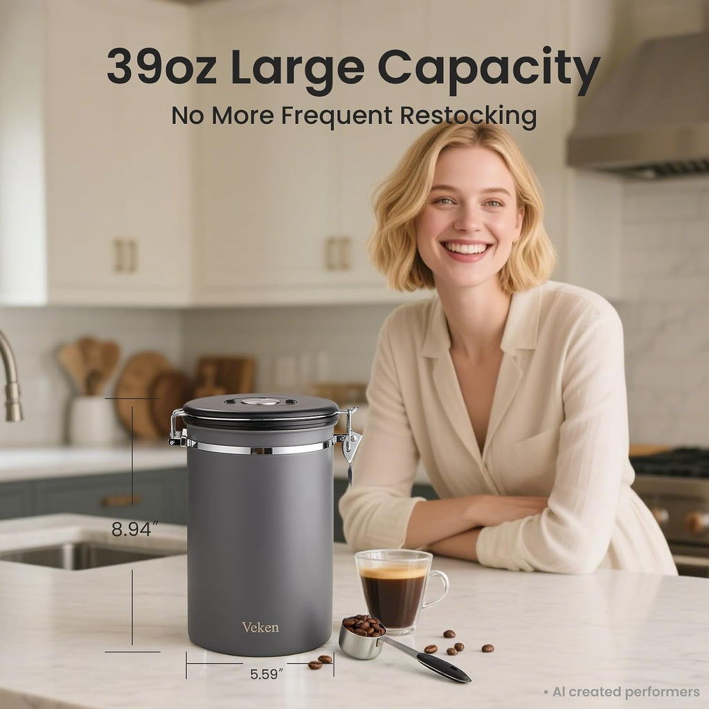 Veken Coffee Canister, 39Oz Large,Airtight Stainless Steel Food Storage Container For 2.2Lbs Beans,Ground,Sugar,Espresso,Rice,Tea,Flour,Cereal,Cookie,Lids,Jars,Gifts,Scoop,Kitchen Bar Accessories,Gray