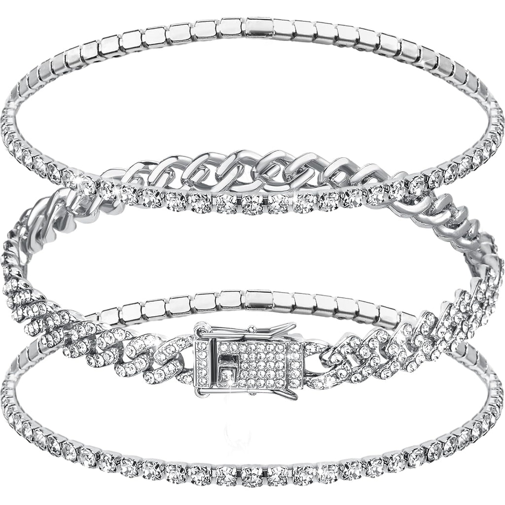 Sureio 3 Pcs Anklets Bracelet for Women Adjustable Diamond Tennis Cuban Style Link Anklets for Women Wedding Fashion Gifts