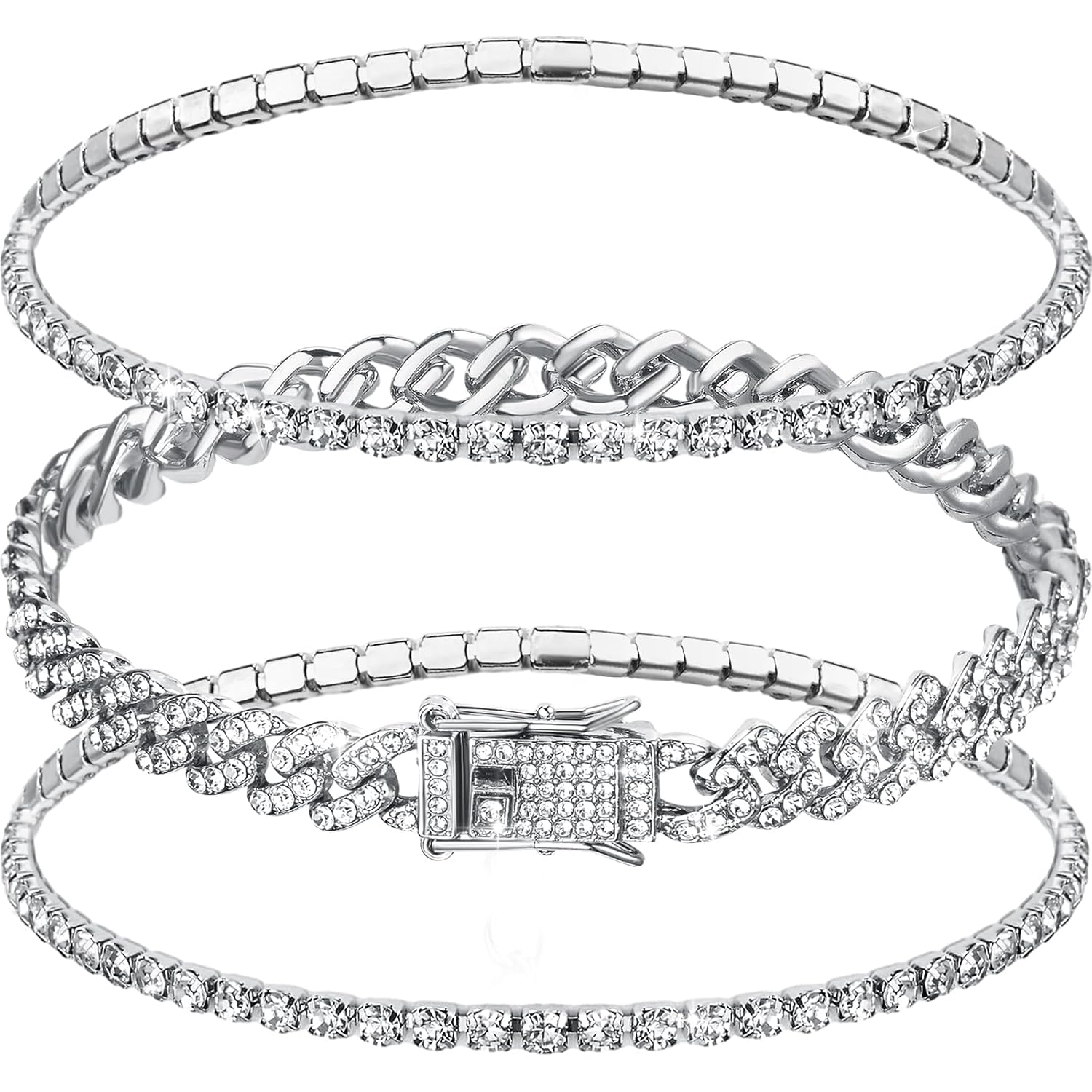 Sureio 3 Pcs Anklets Bracelet for Women Adjustable Diamond Tennis Cuban Style Link Anklets for Women Wedding Fashion Gifts