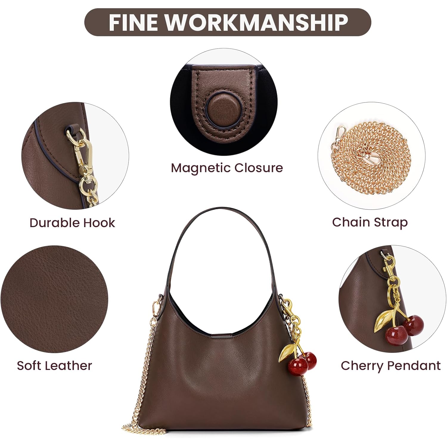 Small Hobo Bags For Women Cherry Shoulder Bag Purse Faux Leather Tote Handbag Trendy Chain Crossbody Bag