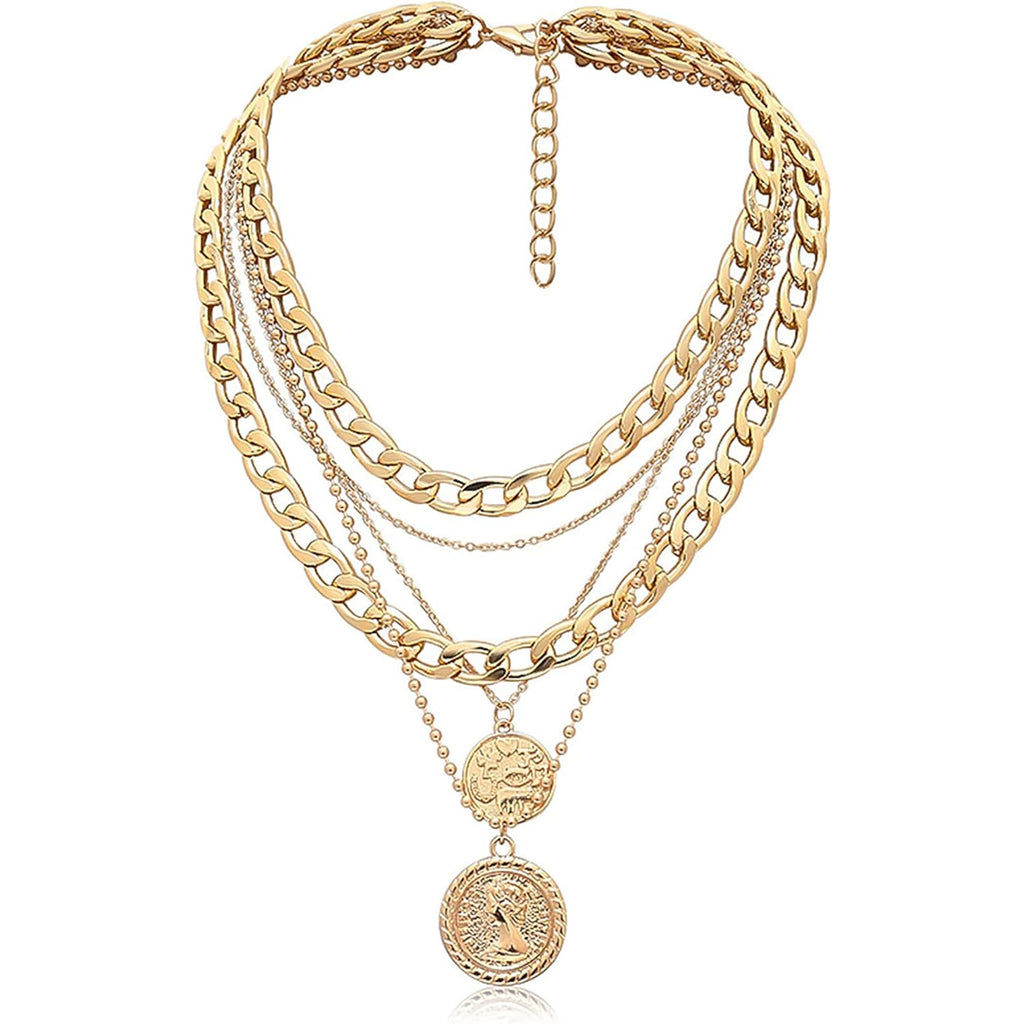 MJartoria Layered Necklaces for Women Trendy Retro Coin Pendant Necklace Dainty Chunky Chain Choker Necklaces for Jewelry Birthday Gifts