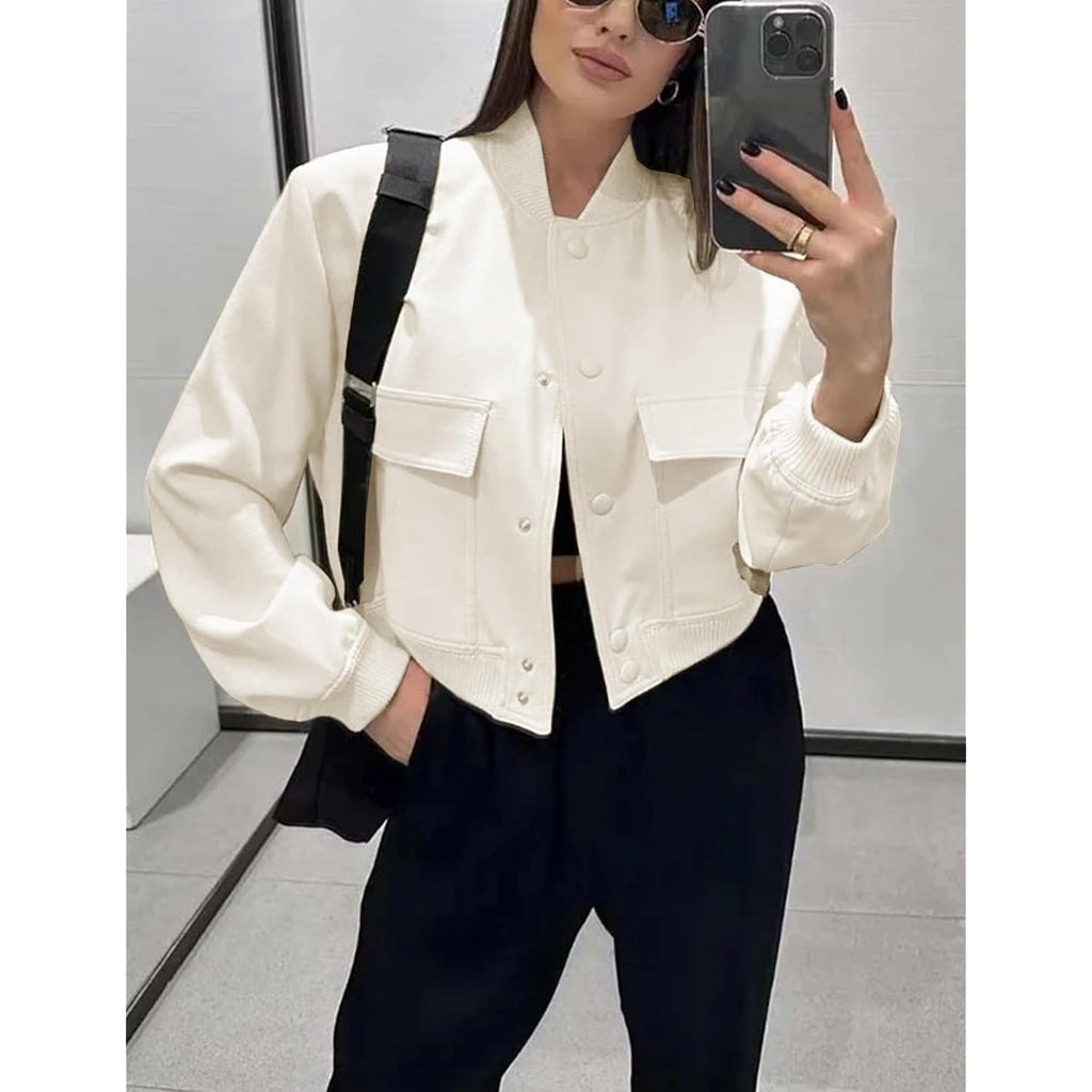 Womens Cropped Bomber Jacket Button Down Varsity Jackets Shackets With Pockets