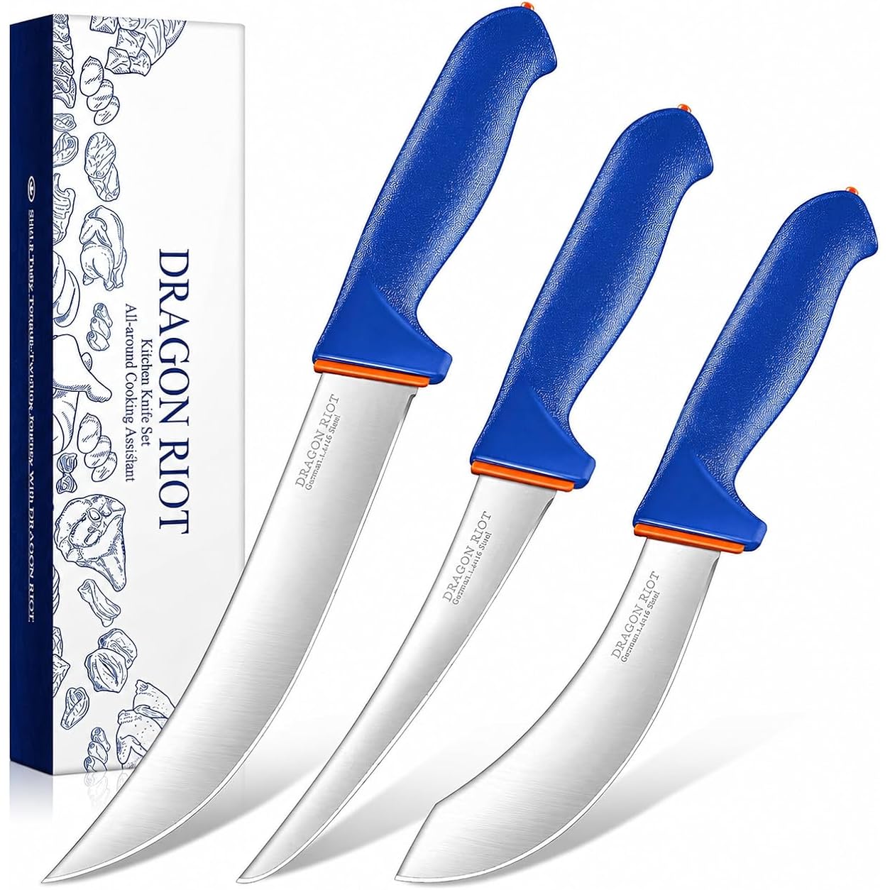 Dragon Riot 3 Pcs Butcher Knife Set, Stainless Steel Boning & Carving Knives, Sharp Kitchen Cutlery For Meat Cutting Trimming, Perfect For Home Kitchen, Outdoor Camping Bbq & Holiday Gift