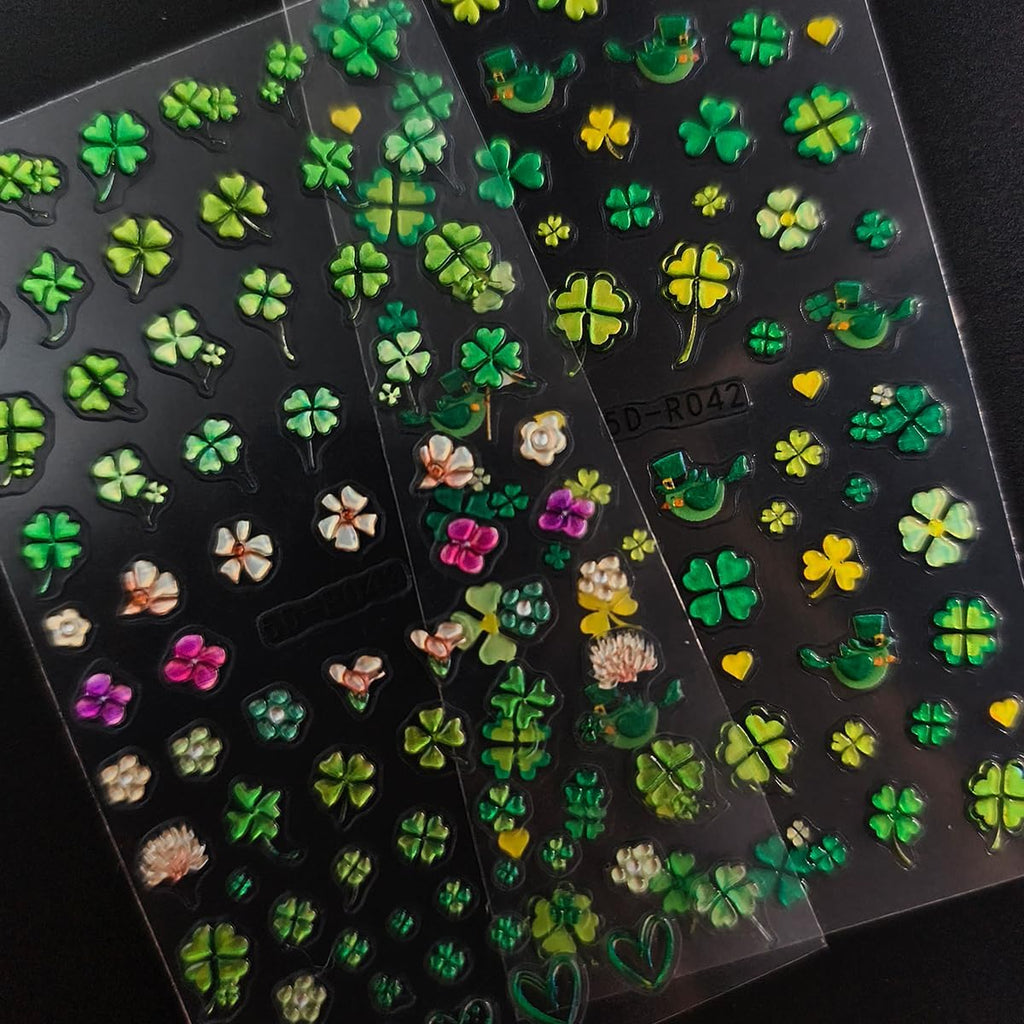 2 Sheets Green Shamrock Nail Art Stickers 5D Embossed St. Patrick's Day Nails Stickers Self Adhesive Nail Decals Shamrocks Green Nails Design Supplies for Women St. Patrick's Day Manicure Decoration