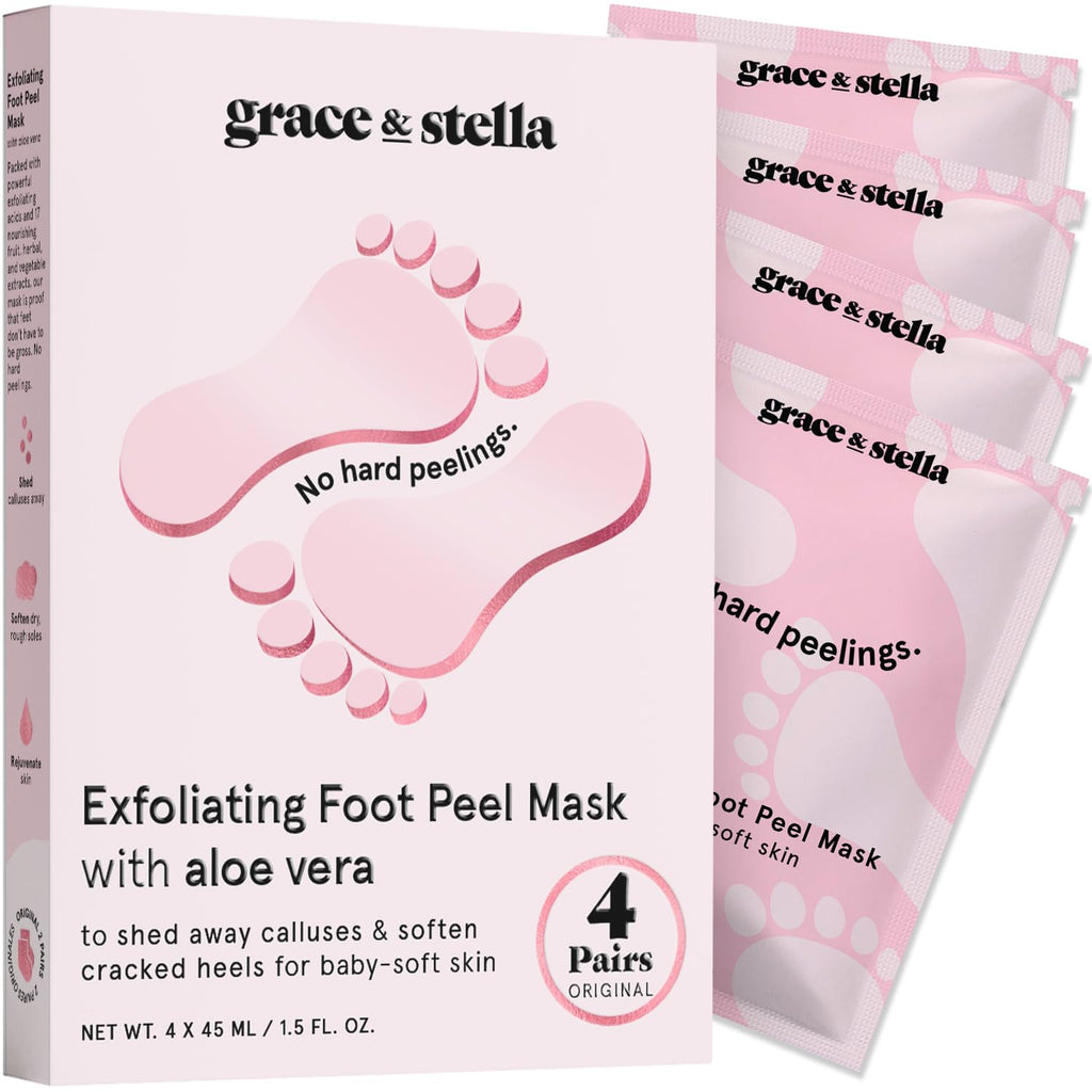 grace & stella Award-Winning Foot Peel Mask - Foot Peeling Mask with Aloe Vera - Moisturizing Foot Mask for Dry Cracked Feet - Foot Exfoliator for Baby Soft Feet (4 Pairs, Unscented)