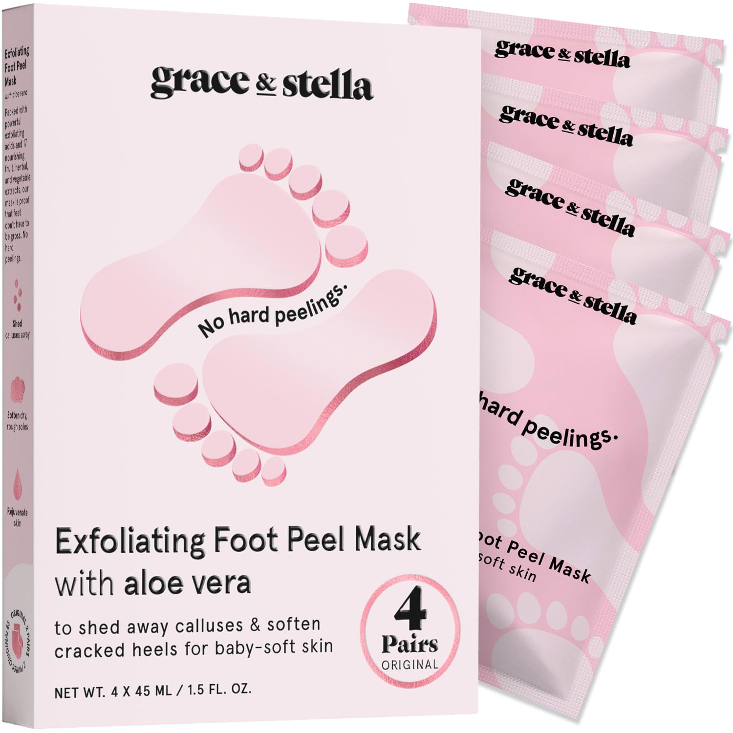 grace & stella Award-Winning Foot Peel Mask - Foot Peeling Mask with Aloe Vera - Moisturizing Foot Mask for Dry Cracked Feet - Foot Exfoliator for Baby Soft Feet (4 Pairs, Unscented)