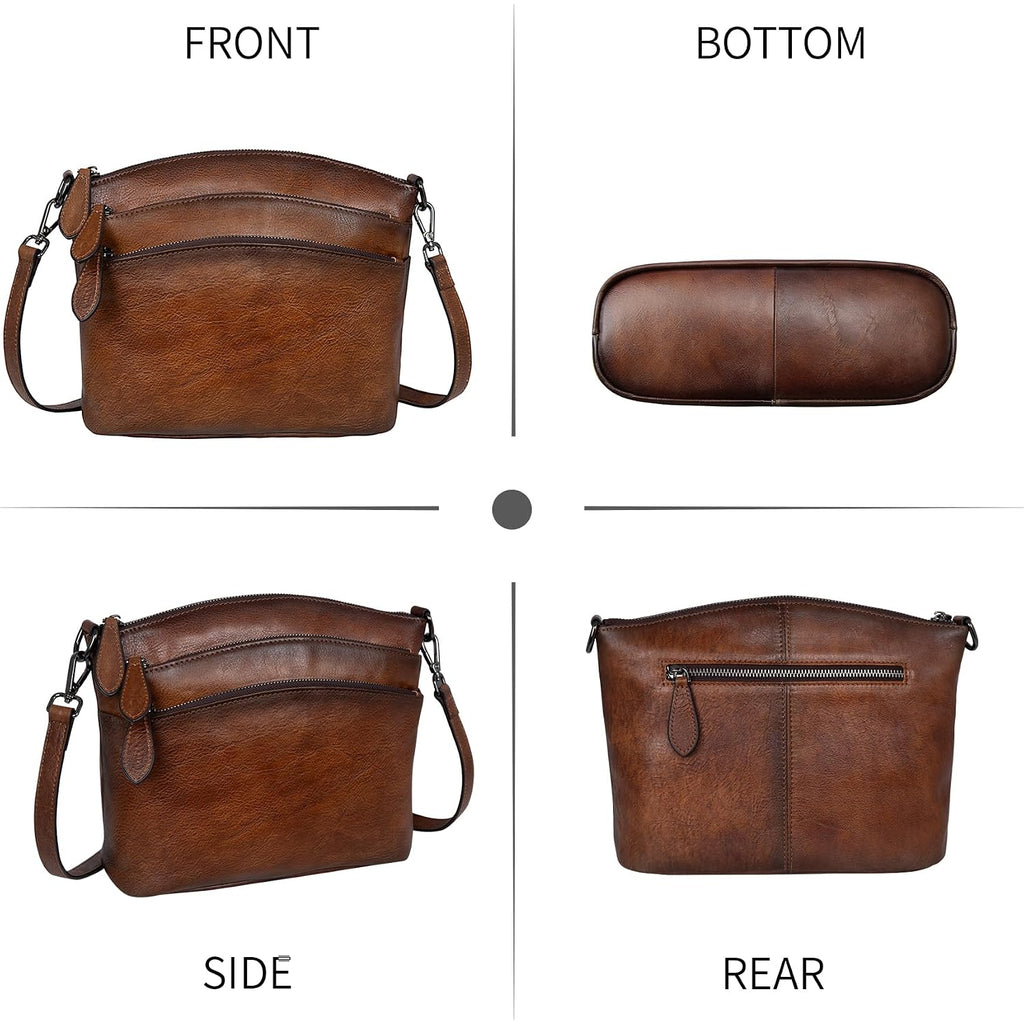 Heshe Crossbody Bags For Women Genuine Leather Purses With Multi-Pockets Vintage Ladies Small Shoulder Satchel Bag