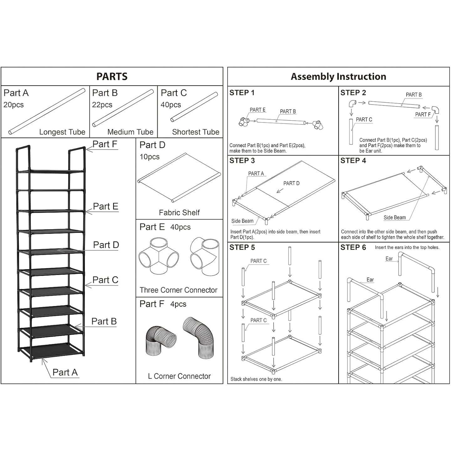 Fiducial Home 10 Tiers Shoe Rack Organizer 20 Pairs Tall Shoe Shelf | Tall Narrow Space Saving For Closet Entryway Dorm, Easy To Assemble, 17"L X 11"W X 68.8"H, Black