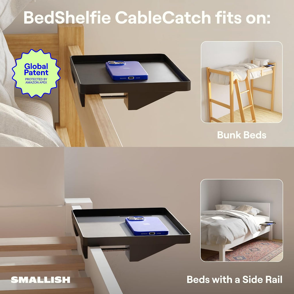 Bedshelfie Bedside Shelf For Dorm Room Bunk Bed & Top Bunk, College Dorm Room Essentials, Bedside Caddy, Clip On Floating Desk Tray, Bed Side Table Storage, Loft Nightstand Decor - Cable Catch, Black