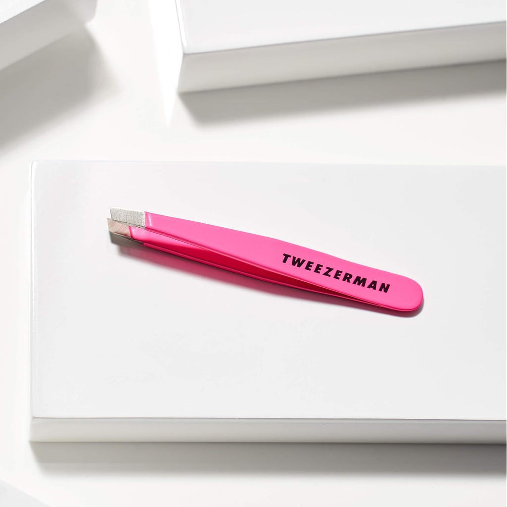 Tweezerman Mini Slant Tweezer - Tweezers for Eyebrows, Travel Tweezers for Eyebrows, Facial Hair (Neon Pink)
