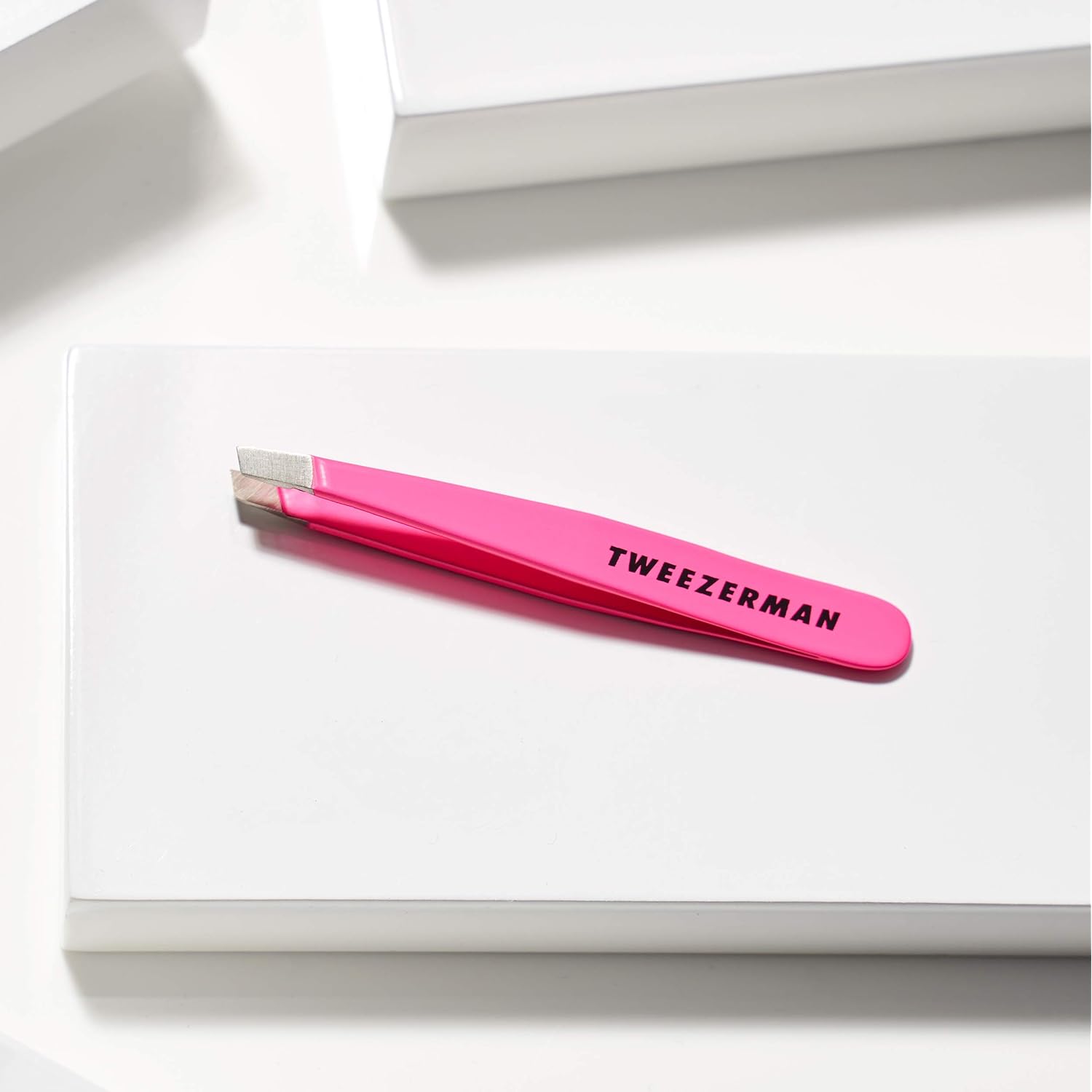 Tweezerman Mini Slant Tweezer - Tweezers for Eyebrows, Travel Tweezers for Eyebrows, Facial Hair (Neon Pink)