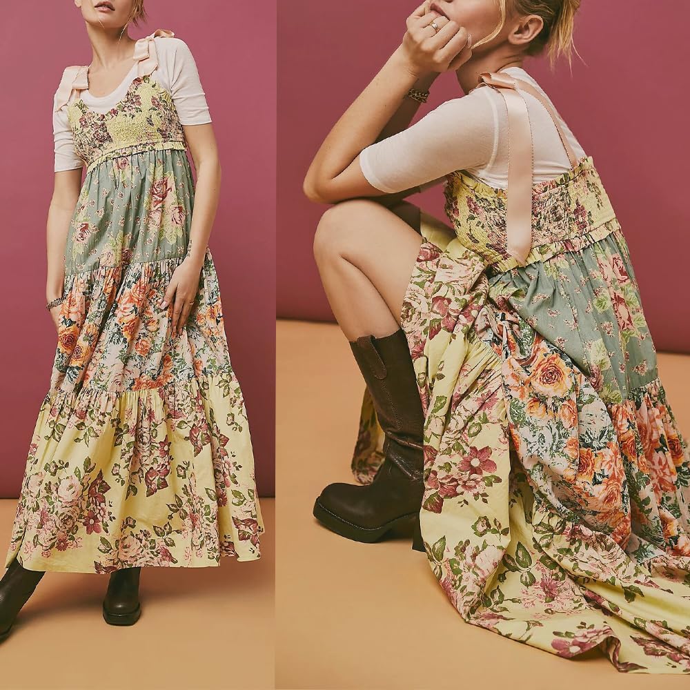 Abyovrt Women Floral Maxi Dress Tie Shoulder Patchwork Smocked Flowy Boho Dress With Pockets Summer Vacation Sundress