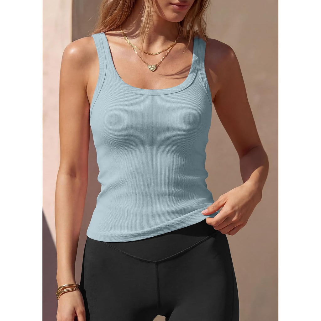 Women Sleeveless Tank Tops with Built in Bra Square Neck Cotton Ribbed Basic Cami Summer Workout Tops 2026