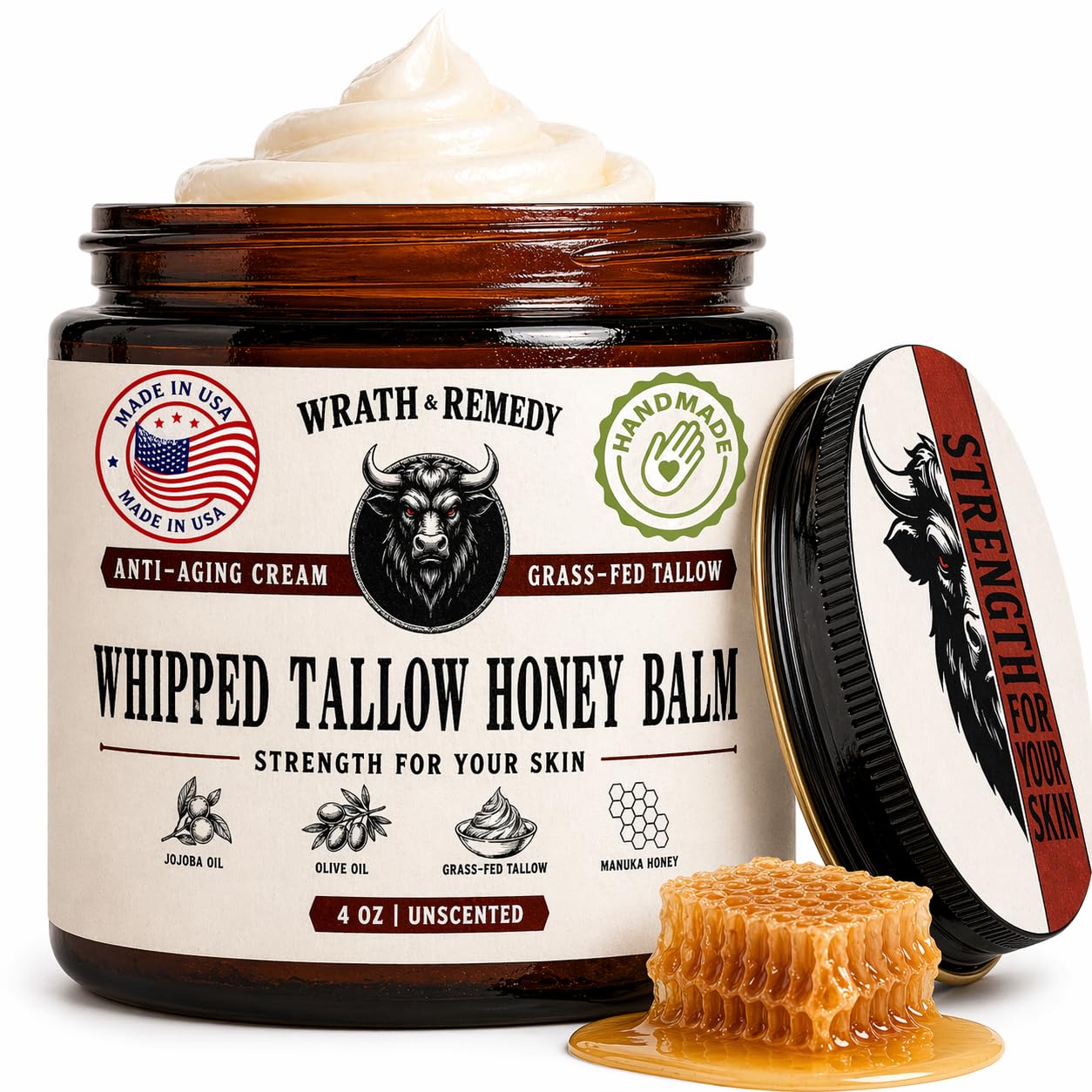 Organic Beef Tallow For Skin - 4 Oz (Unscented) — Us-Made Grass Fed Beef Tallow For Face + Body — Whipped Tallow And Honey Balm Moisturizer For Dry And Sensitive Skin, Eczema, Rosacea (No Additives)